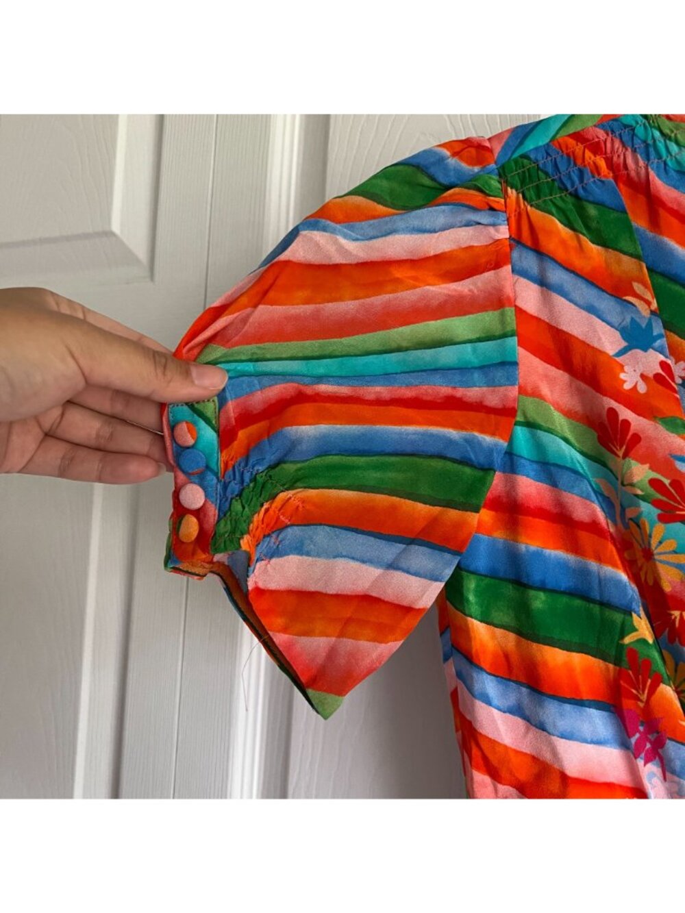 Saloni Lea Orange Red Blue Green Striped Short Sleeve Maxi Dress Women's Size 4 - Picture 7 of 13